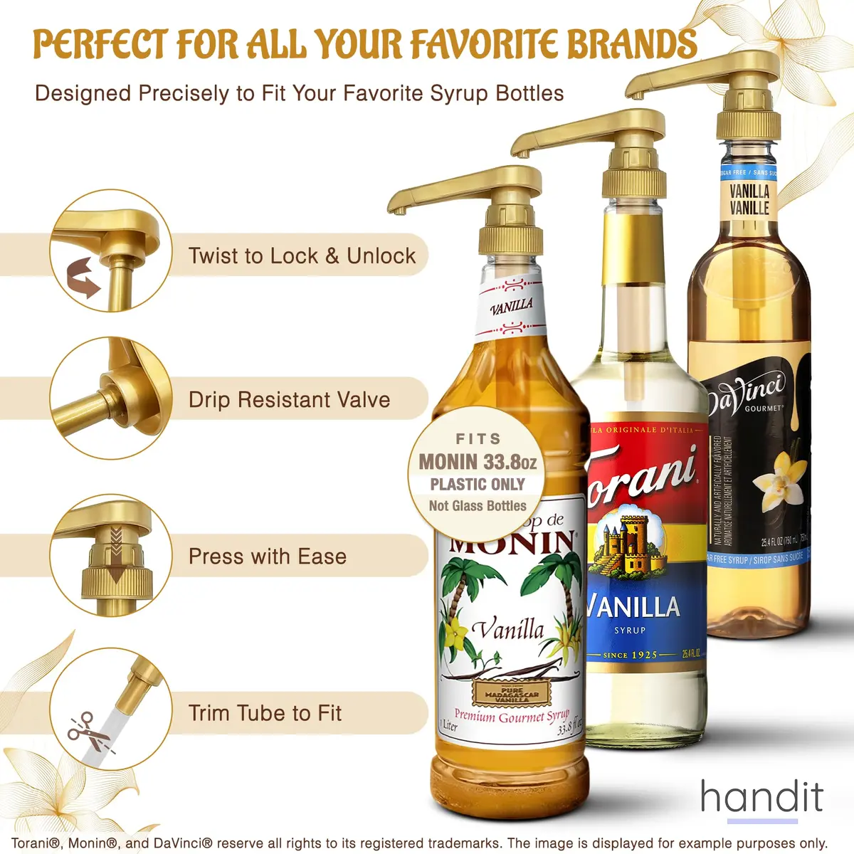 HANDIT Gold Coffee Syrup Pumps | Fits 750ml (25.4oz) Bottles | 2-Pack | Dispenses 0.5oz Per Stroke - view 2