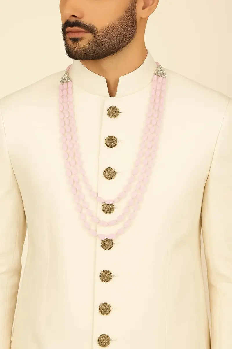 I Jewels 3 Layered Gold Plated Mint Moti Mala Necklace 32cm (12.6in) | Royal Indian Wedding Groom Haar - view 2