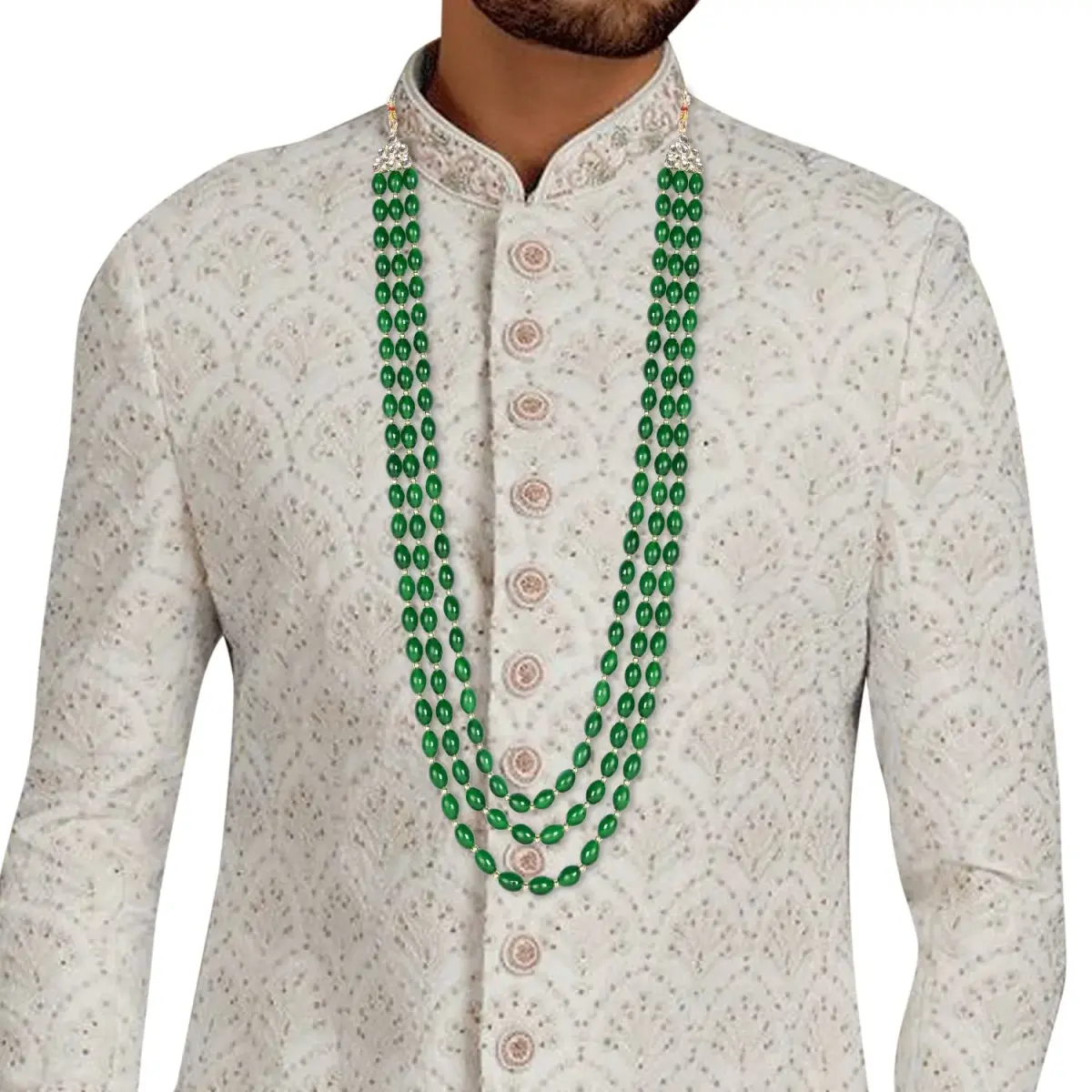 I Jewels 3 Layered Gold Plated Mint Moti Mala Necklace 32cm (12.6in) | Indian Wedding Groom Necklace - view 3