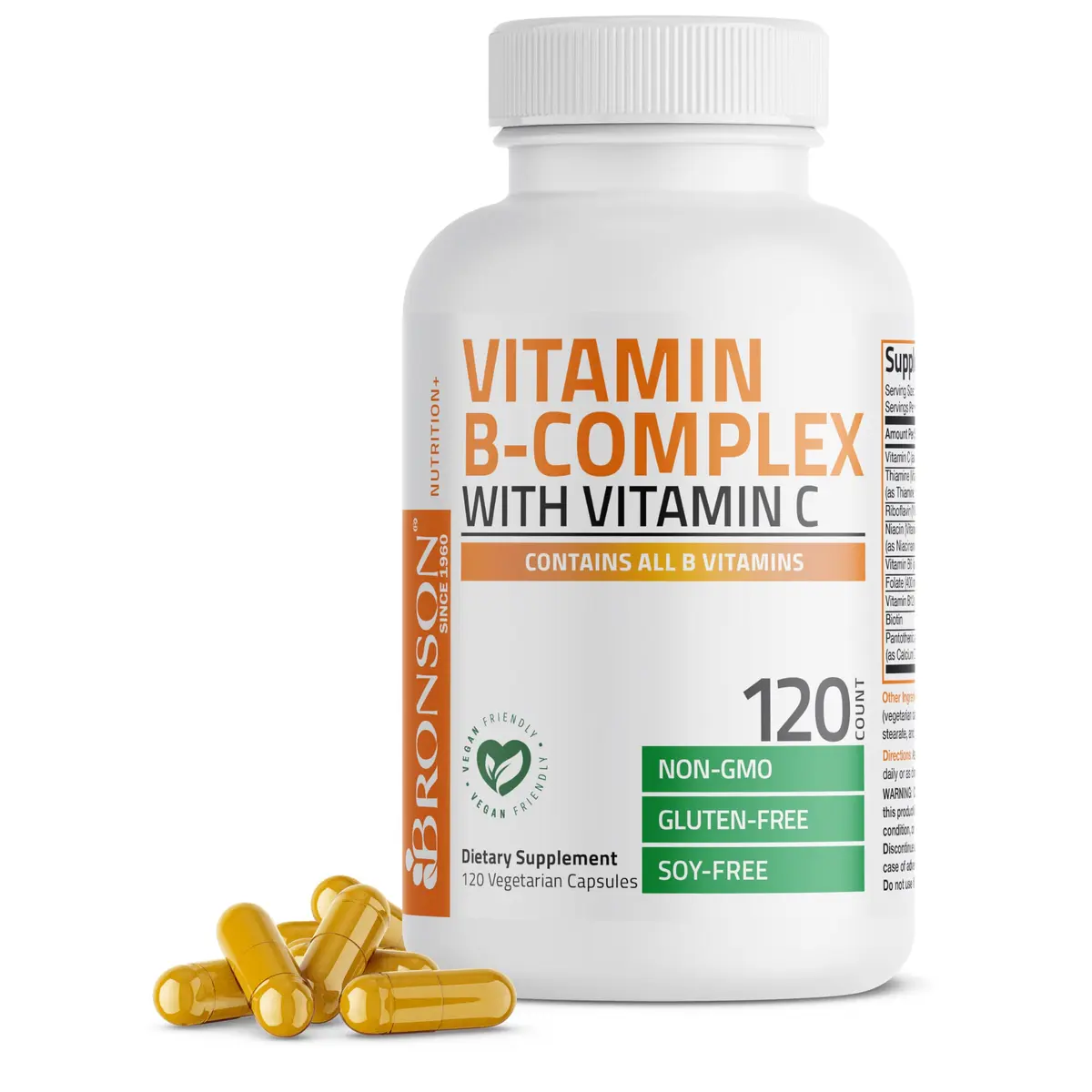 Bronson Vitamin B Complex with Vitamin C Vegetarian Capsules 120 Count | Immune, Energy & Nervous System Support - main product image