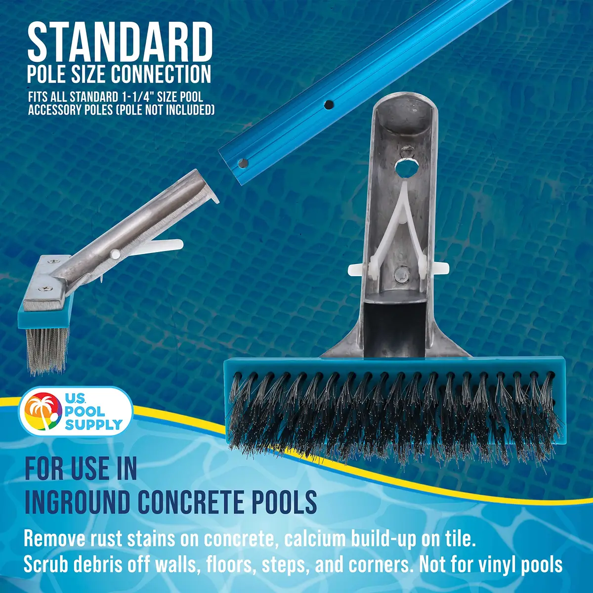U.S. Pool Supply 5" Stainless Steel Pool Brush Head with Aluminum Handle | Inground Pool Cleaning Tool - view 4