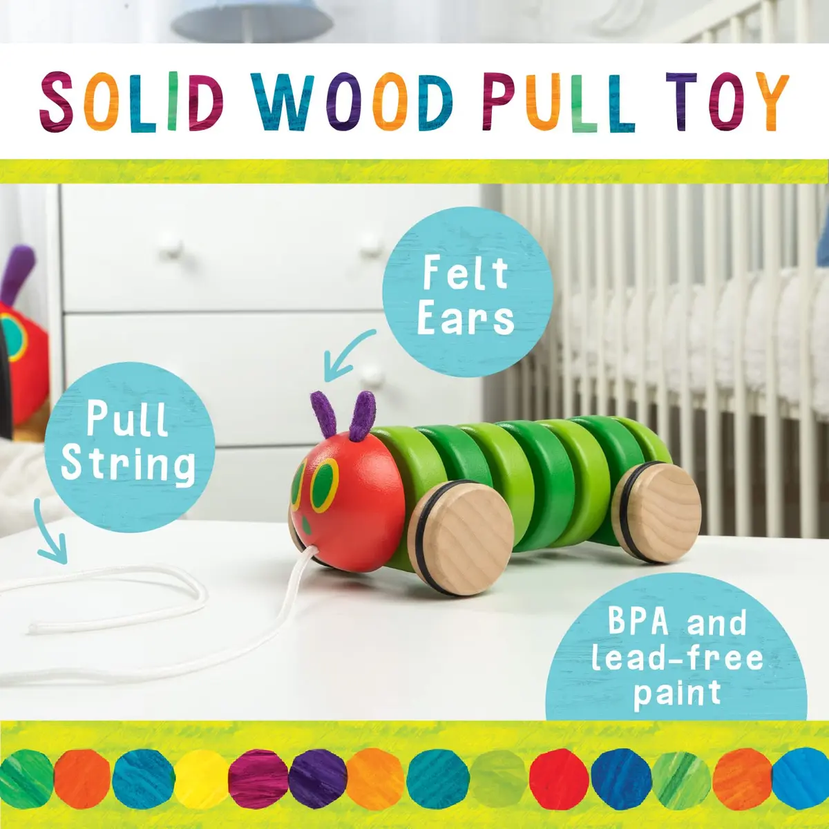 Kids Preferred The Very Hungry Caterpillar Wooden Pull Toy 13 inches | Classic Shape & Fine Motor Skill Development - view 2