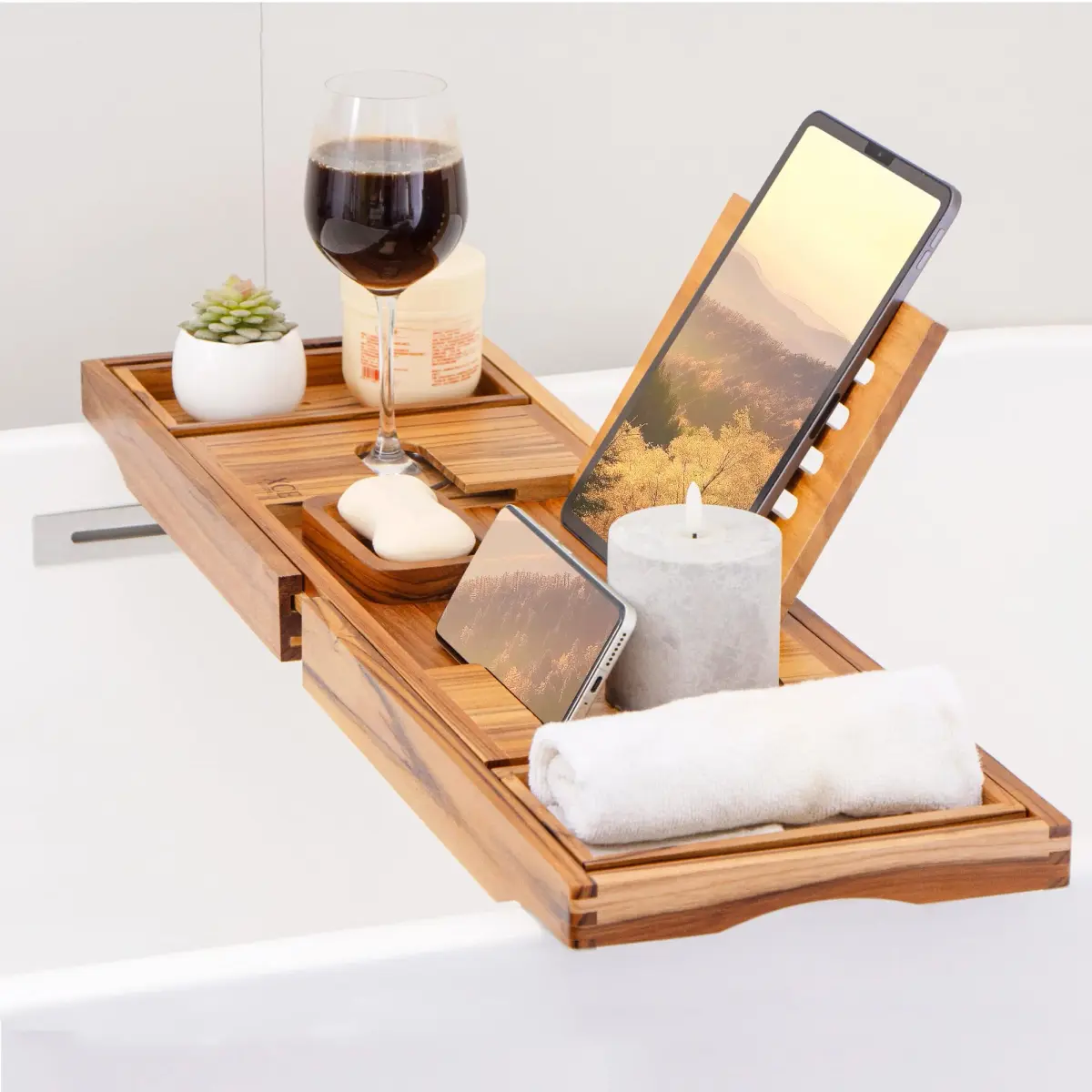 XcE Teak Bathtub Caddy Tray with Book Stand & Soap Holder, 105 cm (41") Expandable | Luxury Bath Spa Accessory for Couples - view 5