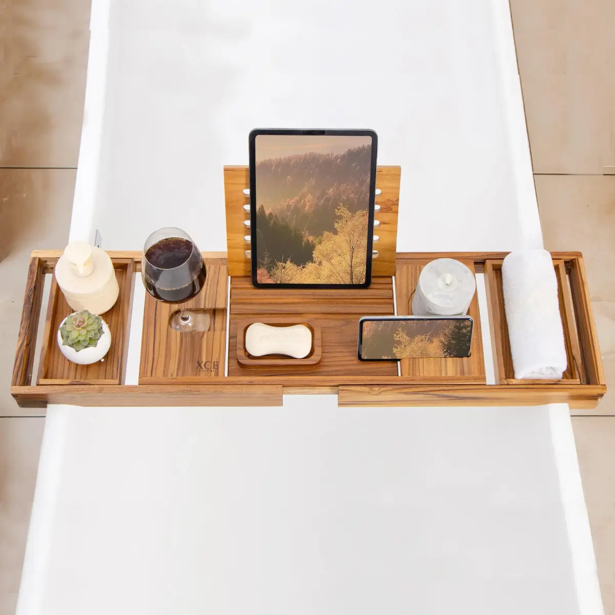 XcE Teak Bathtub Caddy Tray with Book Stand & Soap Holder, 105 cm (41") Expandable | Luxury Bath Spa Accessory for Couples - view 4