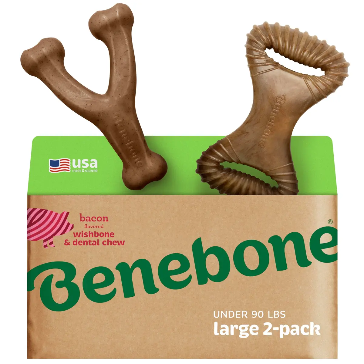 Benebone 2-Pack Wishbone/Dental Durable Dog Chew Toys, Real Bacon, Large (1.3 lb / 0.6 kg) - main product image