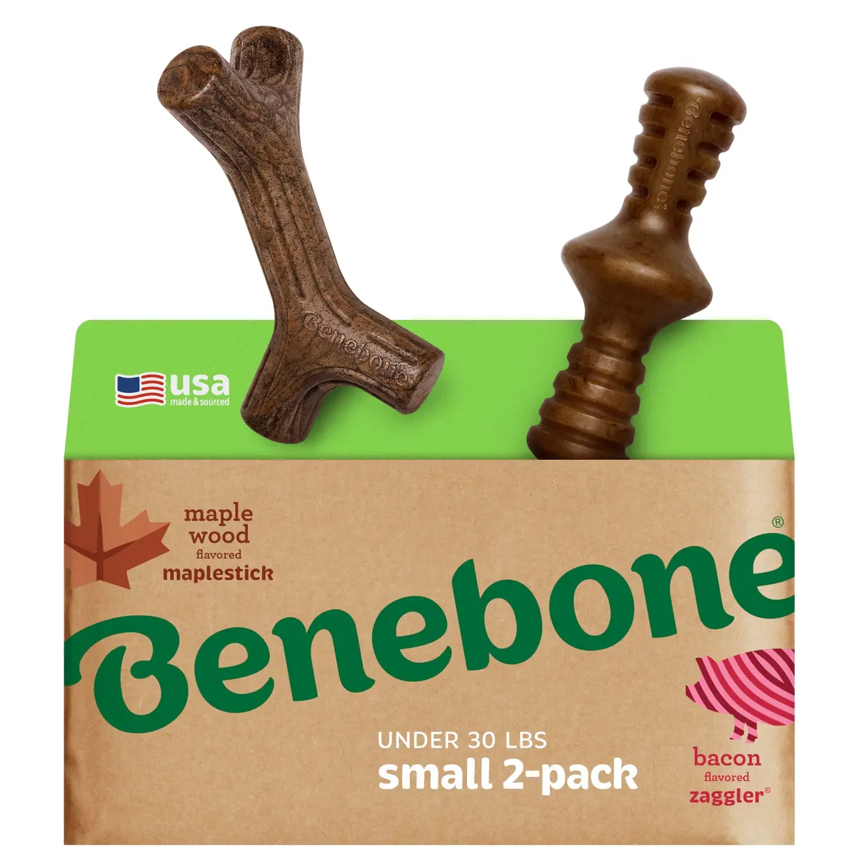 Benebone 2-Pack Maplestick/Zaggler Durable Dog Chew Toys, Small | Real Bacon & Maple Flavors, Made in USA - main product image