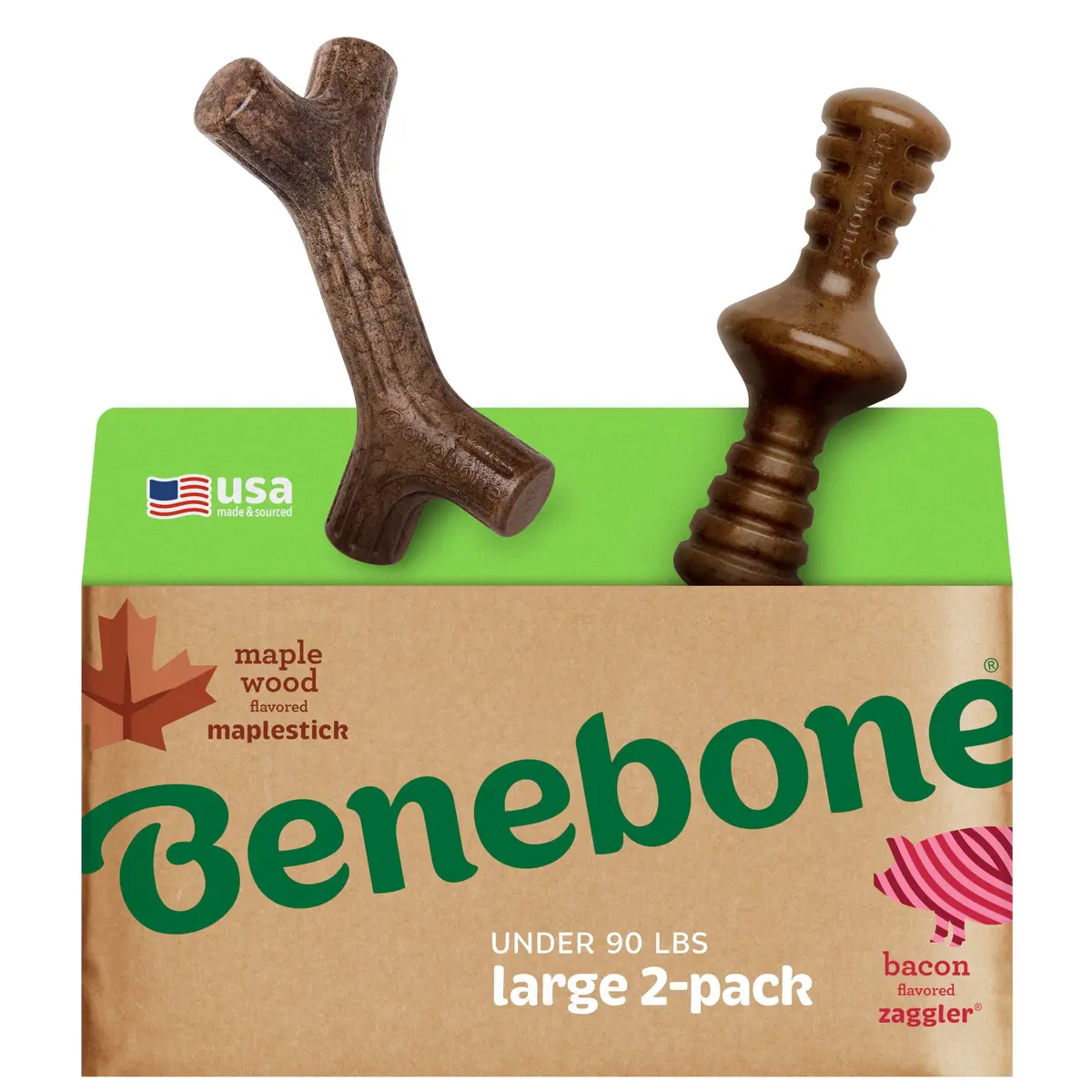 Benebone 2-Pack Maplestick & Zaggler Durable Dog Chew Toys, Large | Real Bacon & Maple Flavors, Made in USA - main product image