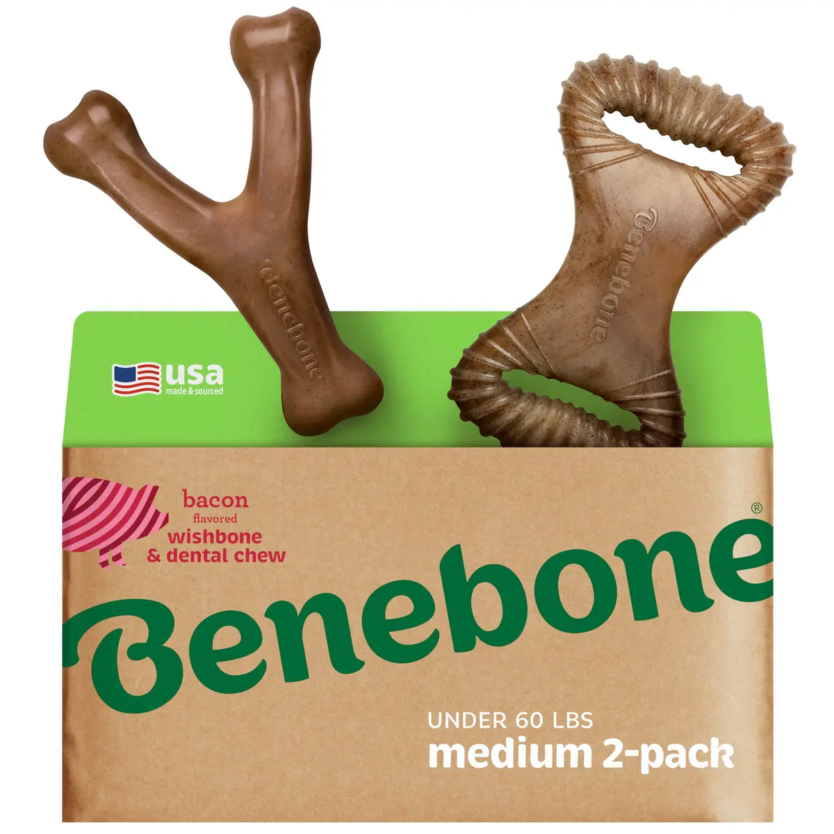 Benebone 2-pack Wishbone/Dental Dog Chew Toys, Medium | Real Bacon Flavor, Durable Nylon Chew - main product image