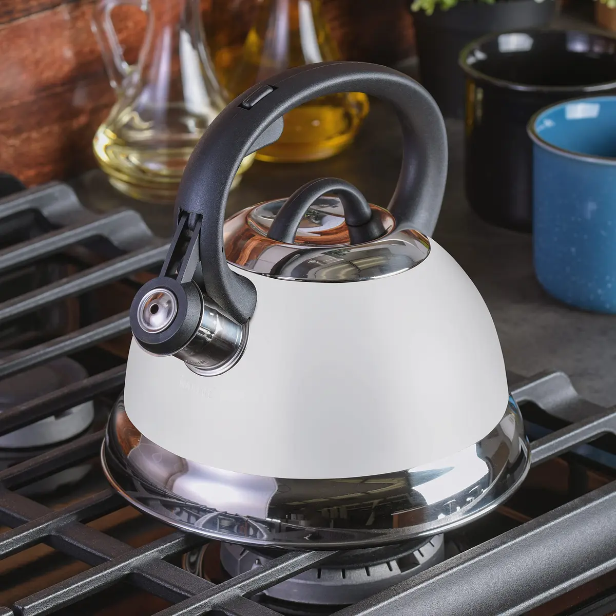 Mr. Coffee Flintshire 1.75-Quart Stainless Steel Whistling Tea Kettle with Nylon Handle | Durable Stove-Top Kettle in Linen Finish - view 2