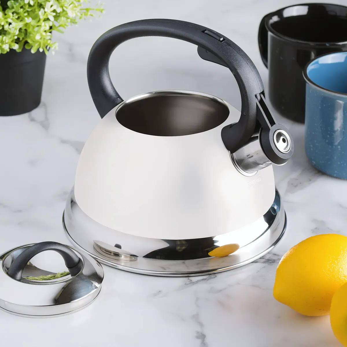 Mr. Coffee Flintshire 1.75-Quart Stainless Steel Whistling Tea Kettle with Nylon Handle | Durable Stove-Top Kettle in Linen Finish - view 3