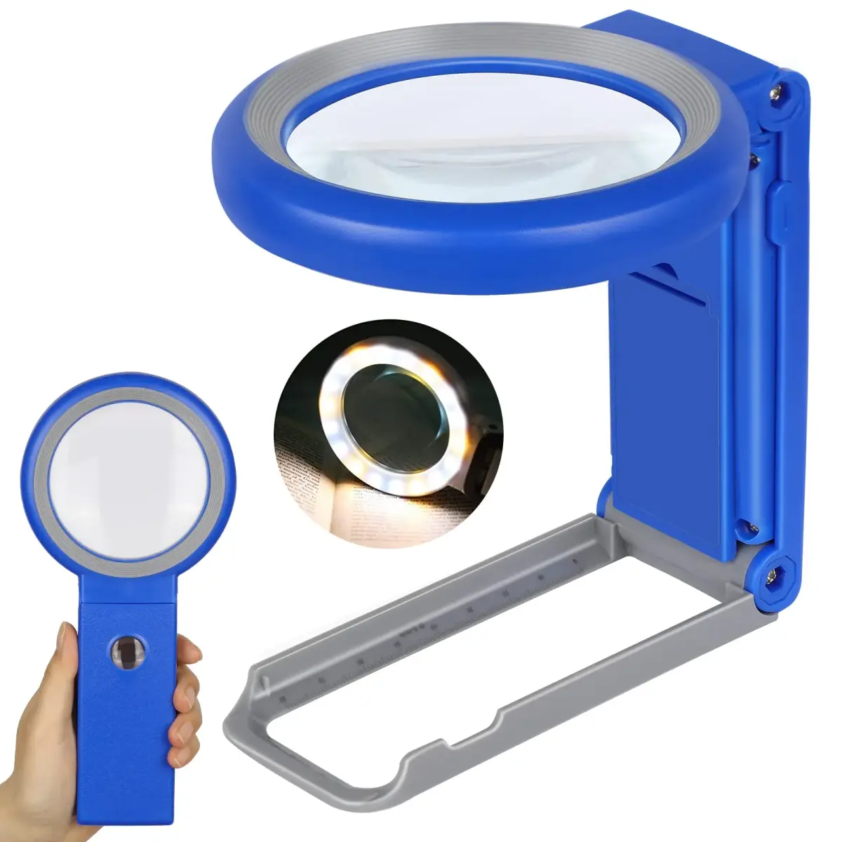 KIBTOY Blue Magnifier with Light and Stand, 3.2-inch Glass Lens | 3x Magnification for Seniors Reading - main product image