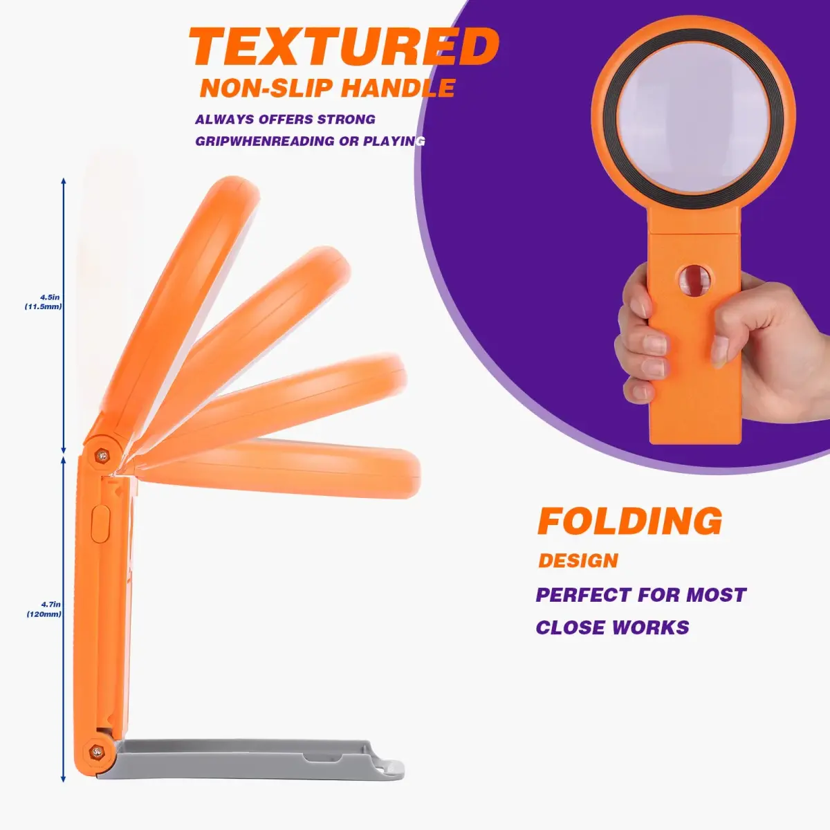 KIBTOY Orange Magnifying Glass with Light and Stand, 3.2-inch Glass Lens | High Powered Magnification for Seniors - view 4