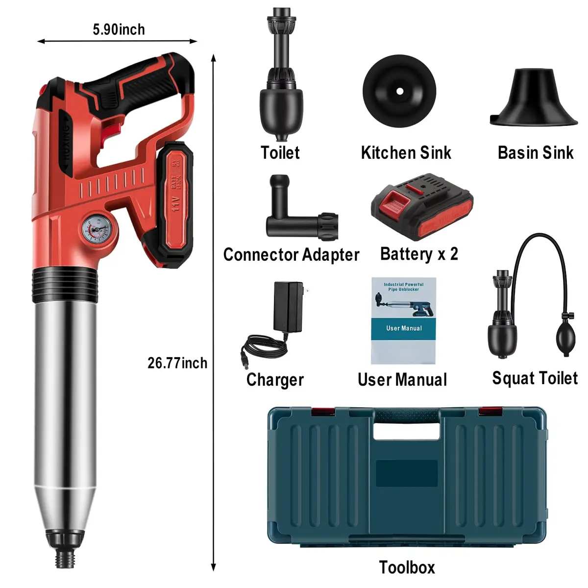 TTILL Electric Toilet Plunger 2 Batteries | High Pressure Drain Clog Remover (70-120 chars) - view 6