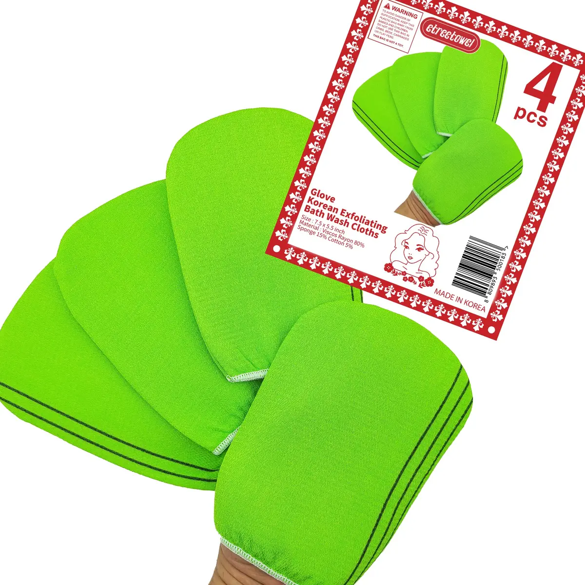 etreetowel Korean Exfoliating Bath Mitts (4 Pcs) | Premium Viscose Rayon Body Scrub Gloves - main product image