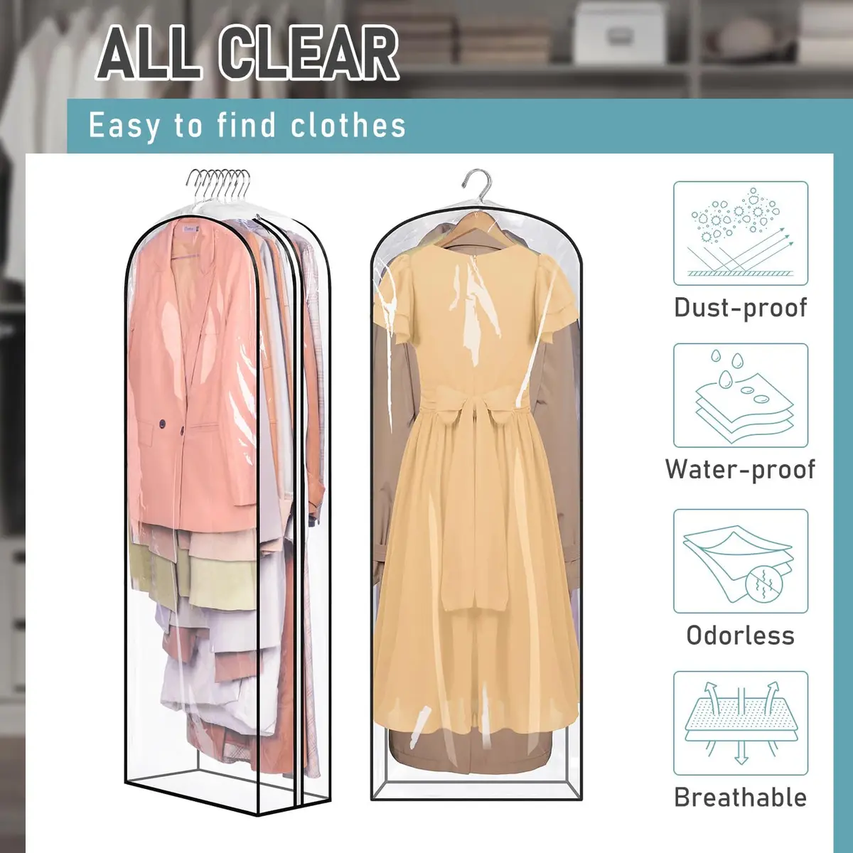 MISSLO Clear Gusseted Garment Bags for Hanging Clothes 152cm (60") x 56cm (22") x 25cm (10") | 3-Pack Closet Storage Covers - view 5