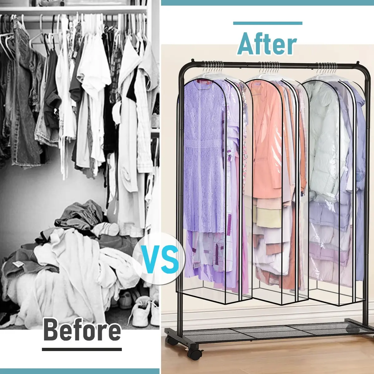 MISSLO Clear Gusseted Garment Bags for Hanging Clothes 152cm (60") x 56cm (22") x 25cm (10") | 3-Pack Closet Storage Covers - view 7