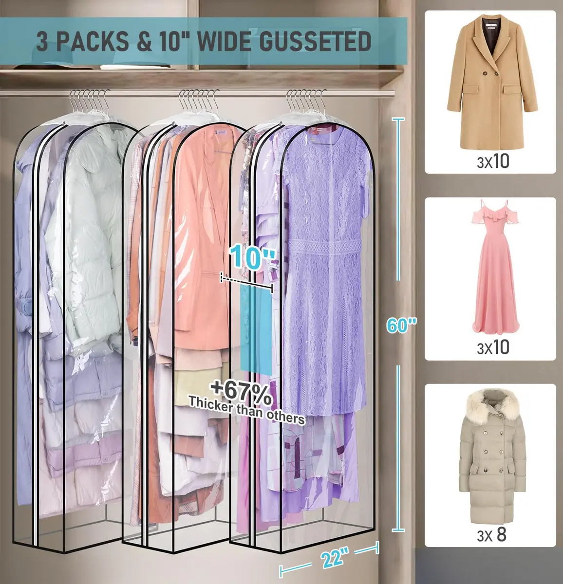 MISSLO Clear Gusseted Garment Bags for Hanging Clothes 152cm (60") x 56cm (22") x 25cm (10") | 3-Pack Closet Storage Covers - view 2