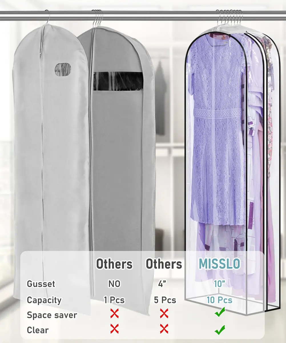 MISSLO Clear Gusseted Garment Bags for Hanging Clothes 152cm (60") x 56cm (22") x 25cm (10") | 3-Pack Closet Storage Covers - view 3