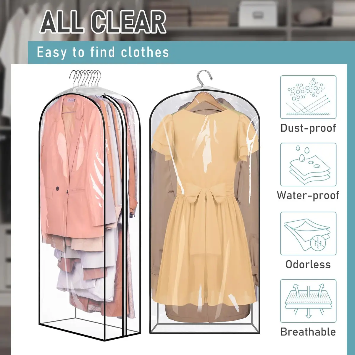 MISSLO Gusseted Clear Garment Bags for Hanging Clothes 50" (127cm) x 22" (56cm) x 10" (25cm) — 3 Pack | Protects Suits, Gowns, Dresses from Dust & Moisture - view 5