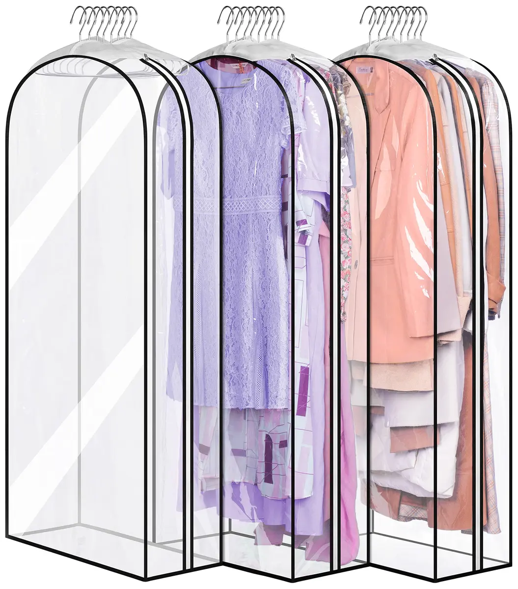 MISSLO Gusseted Clear Garment Bags for Hanging Clothes 50" (127cm) x 22" (56cm) x 10" (25cm) — 3 Pack | Protects Suits, Gowns, Dresses from Dust & Moisture - main product image