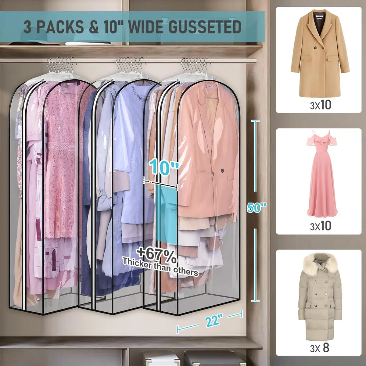 MISSLO Gusseted Clear Garment Bags for Hanging Clothes 50" (127cm) x 22" (56cm) x 10" (25cm) — 3 Pack | Protects Suits, Gowns, Dresses from Dust & Moisture - view 2