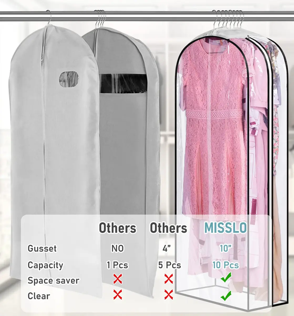 MISSLO Gusseted Clear Garment Bags for Hanging Clothes 50" (127cm) x 22" (56cm) x 10" (25cm) — 3 Pack | Protects Suits, Gowns, Dresses from Dust & Moisture - view 3
