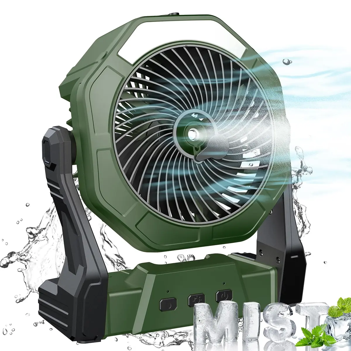 Ausic Portable Misting Fan with LED Lantern, 250mL Tank, 8-35Hrs Battery, Green | Cools Patios & Campsites - main product image