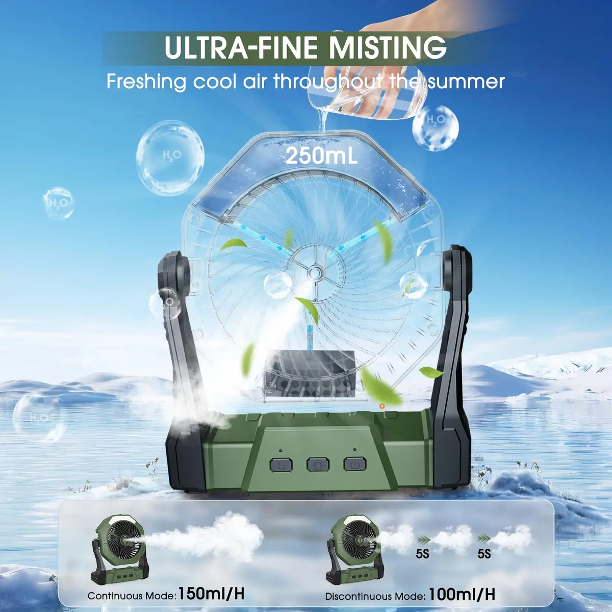 Ausic Portable Misting Fan with LED Lantern, 250mL Tank, 8-35Hrs Battery, Green | Cools Patios & Campsites - view 2