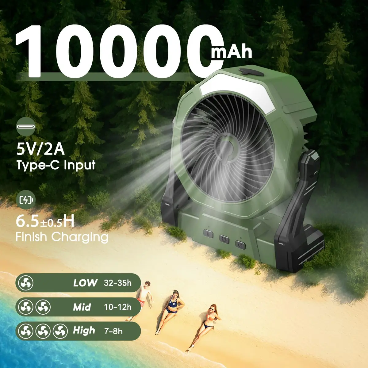 Ausic Portable Misting Fan with LED Lantern, 250mL Tank, 8-35Hrs Battery, Green | Cools Patios & Campsites - view 3