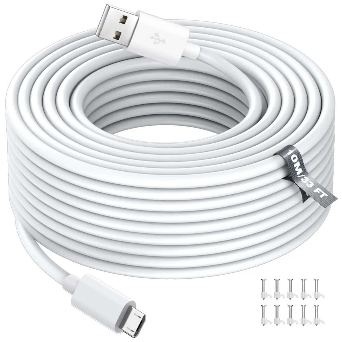 ASKUBSKU 10m (33ft) White Micro USB Power Extension Cable | For Home Security Cameras - main product image