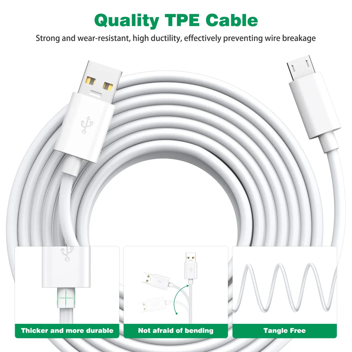 ASKUBSKU 10m (33ft) White Micro USB Power Extension Cable | For Home Security Cameras - view 3
