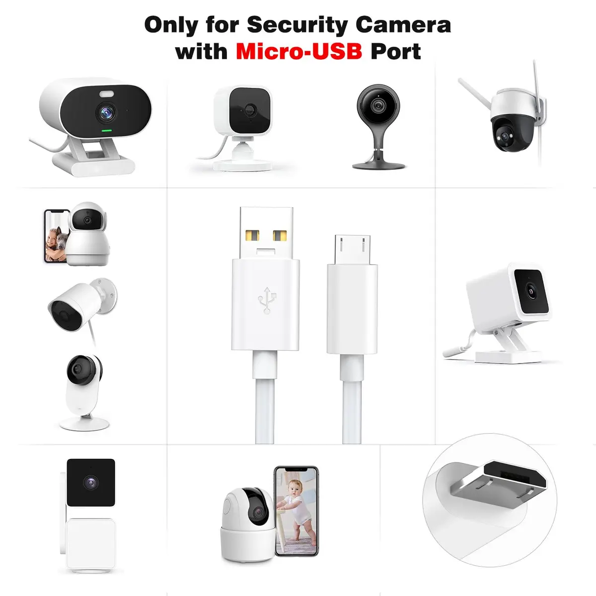 ASKUBSKU 10m (33ft) White Micro USB Power Extension Cable | For Home Security Cameras - view 4