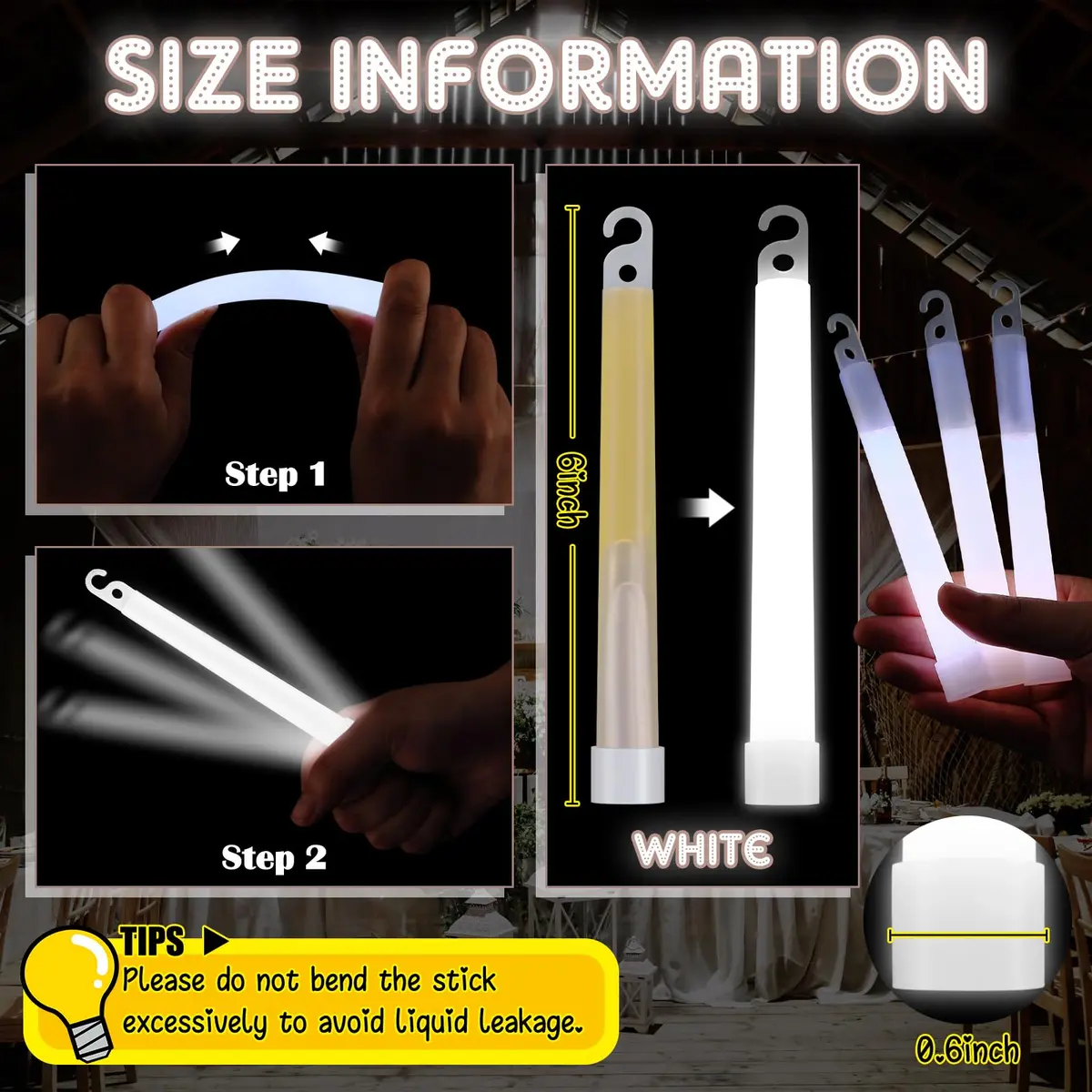 LEIFIDE 100 Pcs White Glow Sticks Bulk, 6 Inch (15 cm) Light Sticks for Party | 24+ Hour Glow - view 2