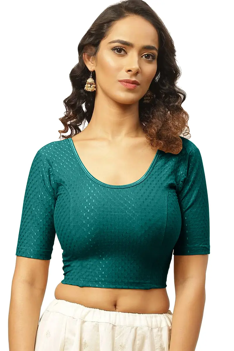 Fressia Fabrics Round Neck Pure Dobby Cotton Stretchable Elbow Sleeve Readymade Saree Blouse XXL (Teal Green) | Stylish Indian Choli for Women - main product image