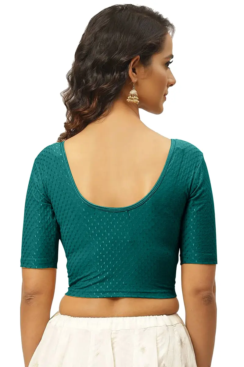 Fressia Fabrics Round Neck Pure Dobby Cotton Stretchable Elbow Sleeve Readymade Saree Blouse XXL (Teal Green) | Stylish Indian Choli for Women - view 2