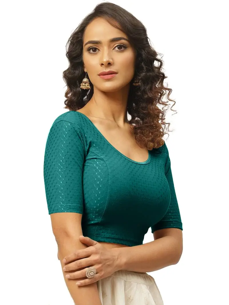 Fressia Fabrics Round Neck Pure Dobby Cotton Stretchable Elbow Sleeve Readymade Saree Blouse XXL (Teal Green) | Stylish Indian Choli for Women - view 3