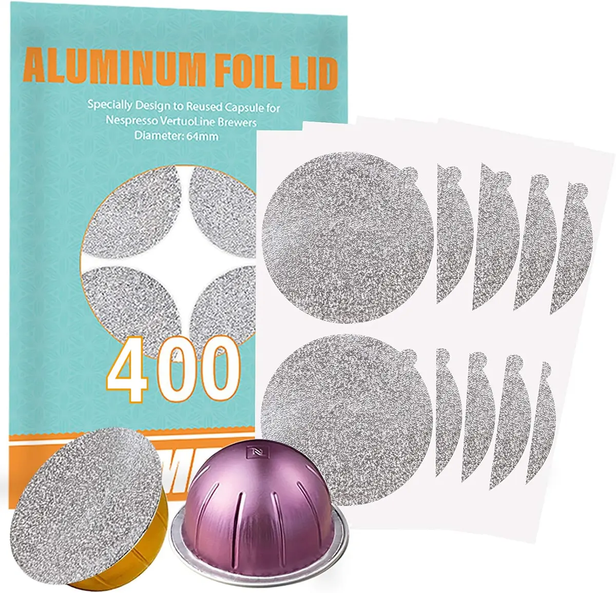 CAPMESSO 400 Aluminum Foil Lids for Nespresso VertuoLine Pods, 64mm Diameter | Reusable Coffee Filter for Rich Brews - main product image