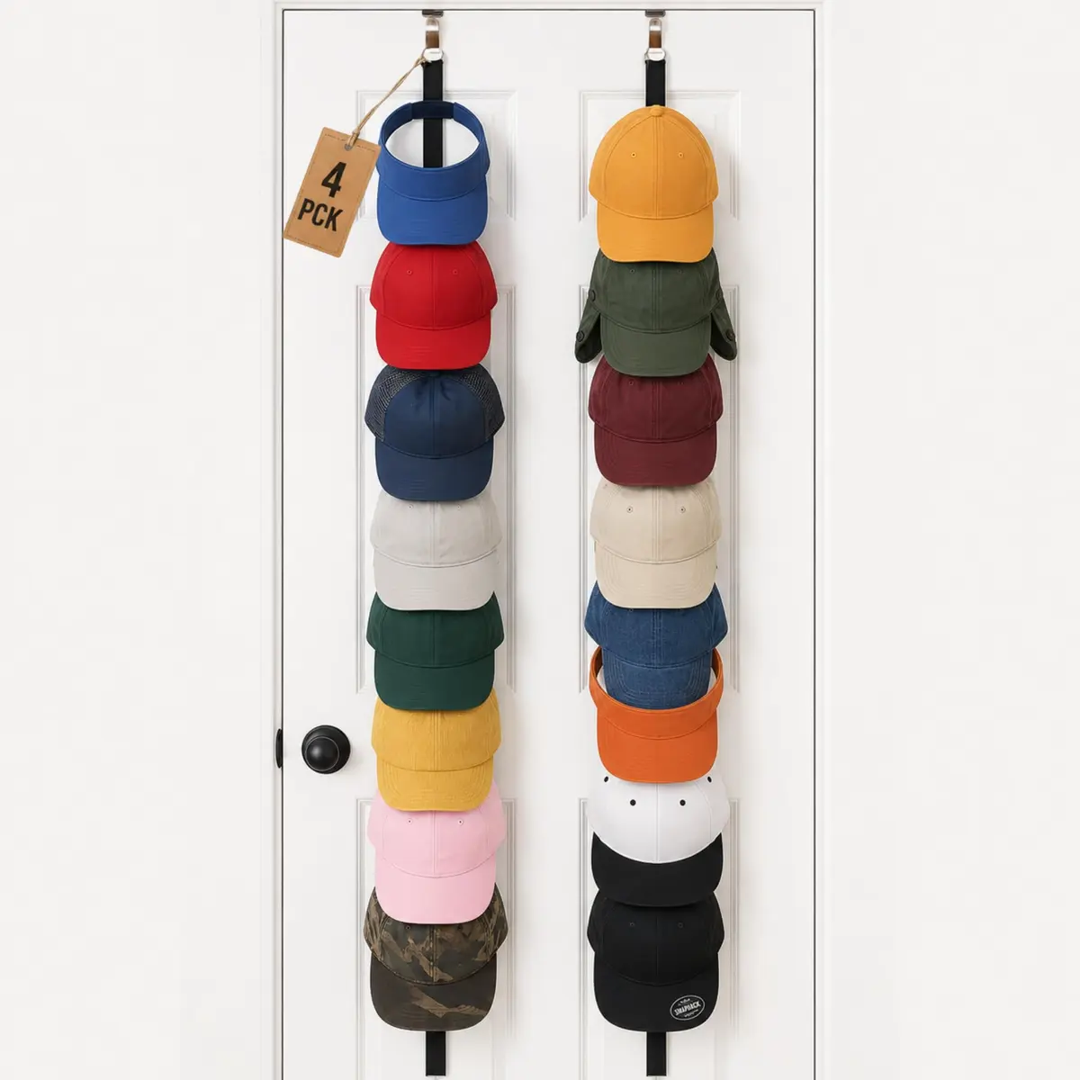 Jokari Over-the-Door Hat Rack Organizer 4 Pack | Holds 32+ Hats | Black - main product image