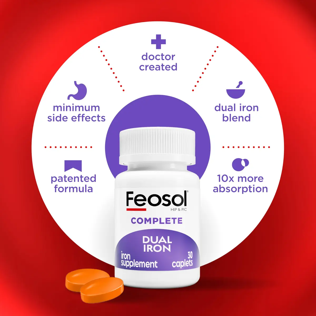 Feosol Complete Iron Supplement Caplets 30 Count | High Absorption, Gentle on System, Supports Energy & Immunity - view 3