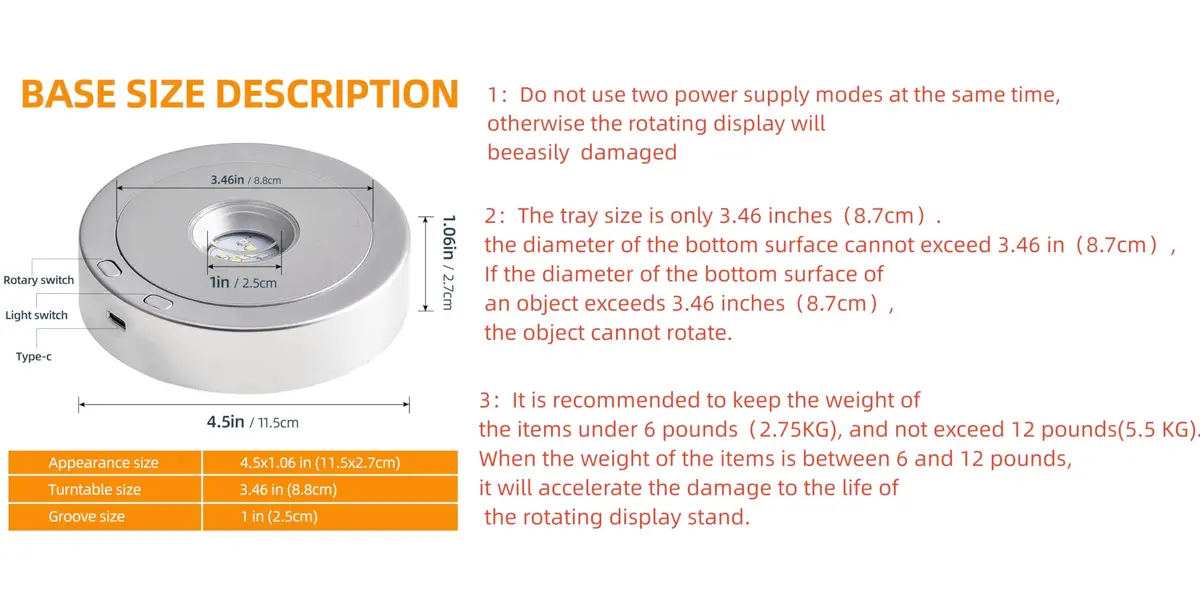 EUSTUMA Rotating LED Display Base with 8 Modes & USB/Battery Power, 11.4 cm (4.5 in) Diameter | Crystal Display Stand for Artwork - view 7
