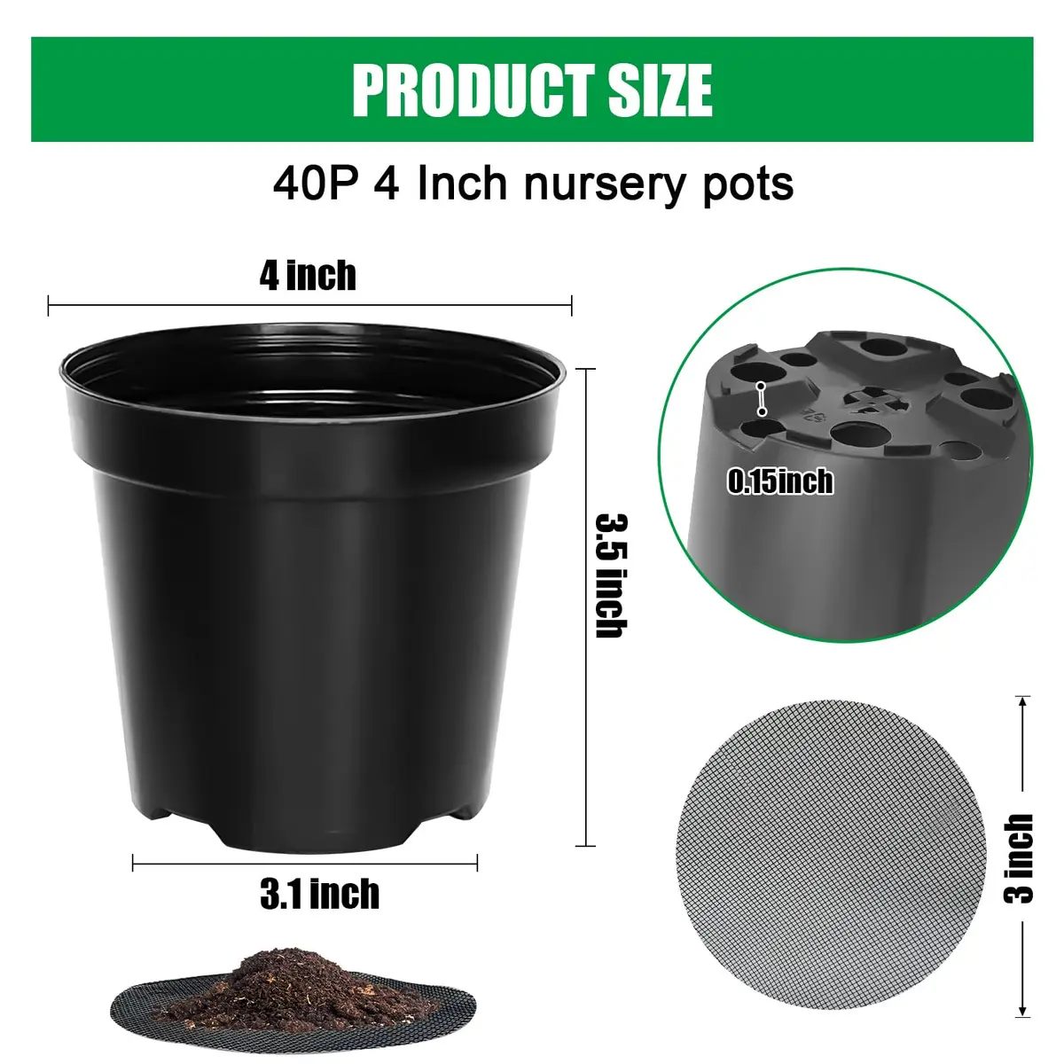 RooTrimmer 40 Pack 4 Inch Nursery Pots with Mesh Pad | Sturdy Plastic Flower Planters for Indoor & Outdoor Use - view 2