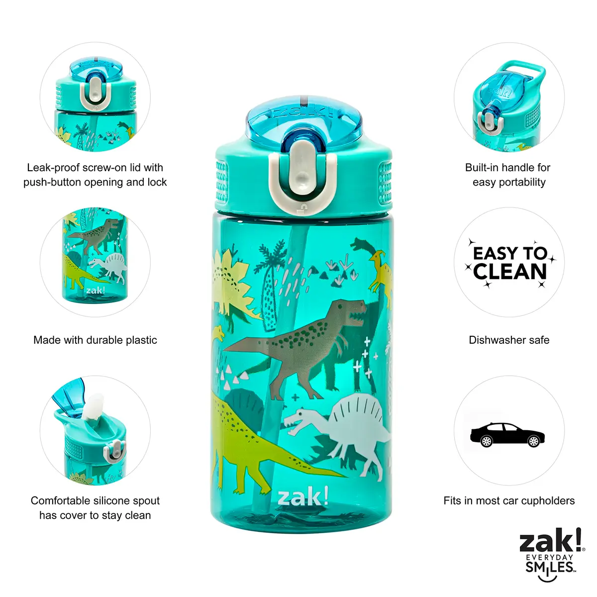 Zak Designs Dinosaur 16oz Leak-Proof Kids Water Bottle, Plastic | BPA-Free, Durable & Fun - view 5