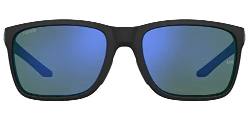 Under Armour UA Hustle Rectangular Sunglasses | Shiny Black Frame, Tuned Blue-Green Lenses, 58mm Lens Width - main product image