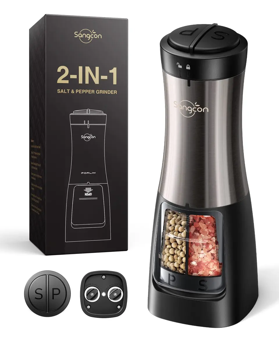 Sangcon 2-in-1 Automatic Electric Salt and Pepper Grinder with LED Light, 150ml (5.07 Fl Oz) Dual Chamber | One-Handed Operation for Kitchen & Dining - main product image