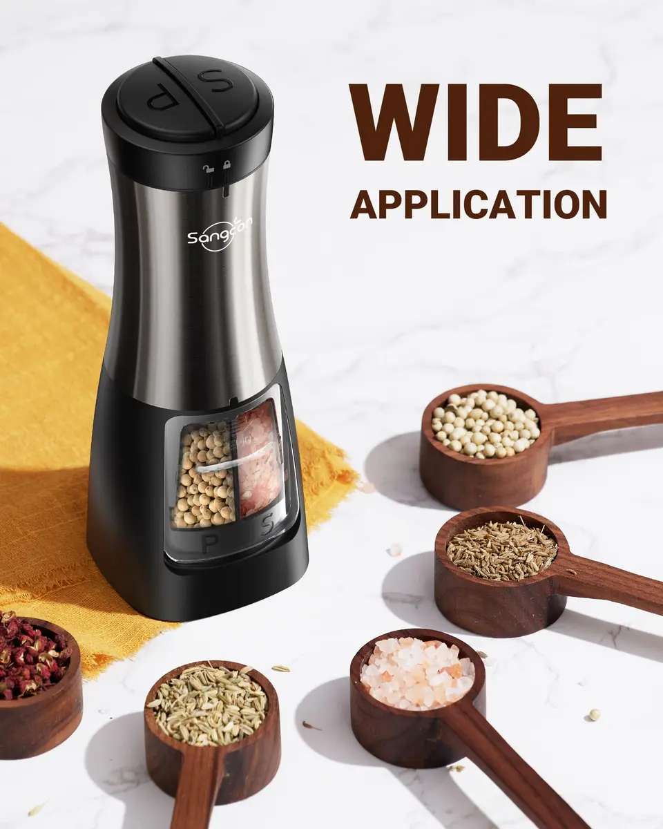 Sangcon 2-in-1 Automatic Electric Salt and Pepper Grinder with LED Light, 150ml (5.07 Fl Oz) Dual Chamber | One-Handed Operation for Kitchen & Dining - view 6