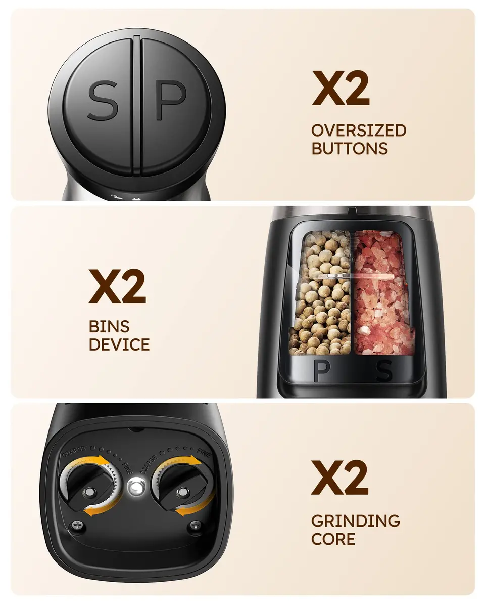 Sangcon 2-in-1 Automatic Electric Salt and Pepper Grinder with LED Light, 150ml (5.07 Fl Oz) Dual Chamber | One-Handed Operation for Kitchen & Dining - view 7