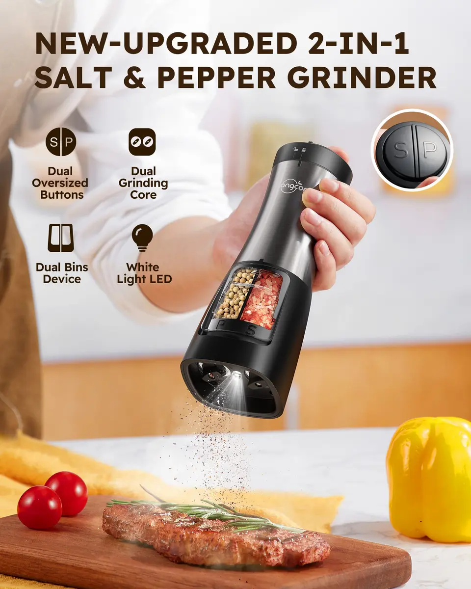 Sangcon 2-in-1 Automatic Electric Salt and Pepper Grinder with LED Light, 150ml (5.07 Fl Oz) Dual Chamber | One-Handed Operation for Kitchen & Dining - view 2