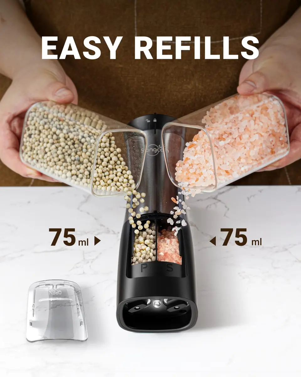 Sangcon 2-in-1 Automatic Electric Salt and Pepper Grinder with LED Light, 150ml (5.07 Fl Oz) Dual Chamber | One-Handed Operation for Kitchen & Dining - view 4