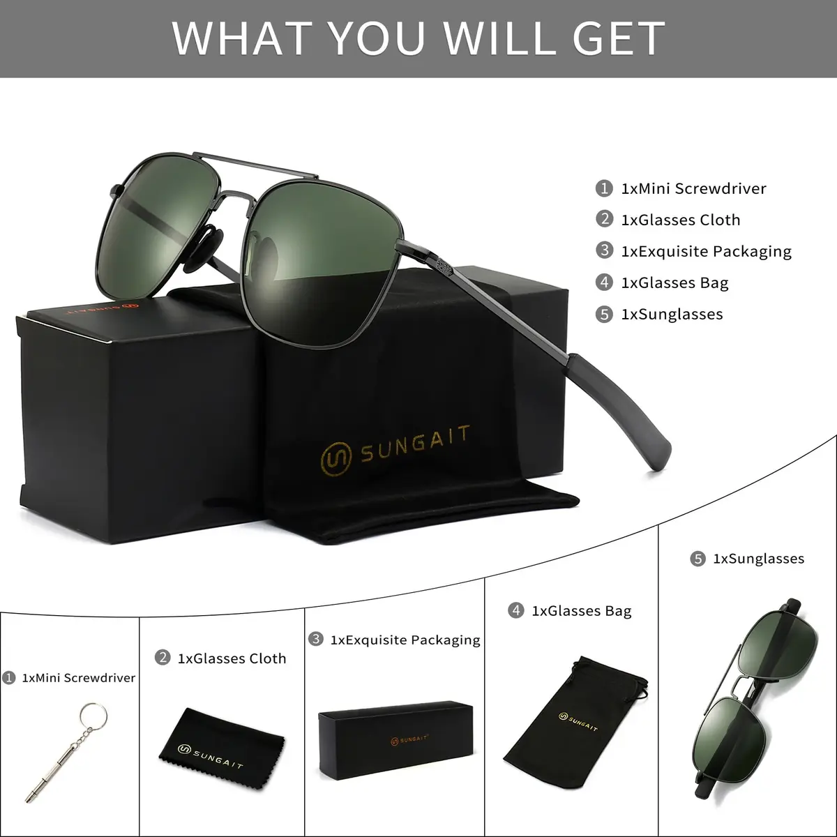 SUNGAIT Men's Military Style Polarized Pilot Aviator Sunglasses with Bayonet Temples, Green Lens - view 6