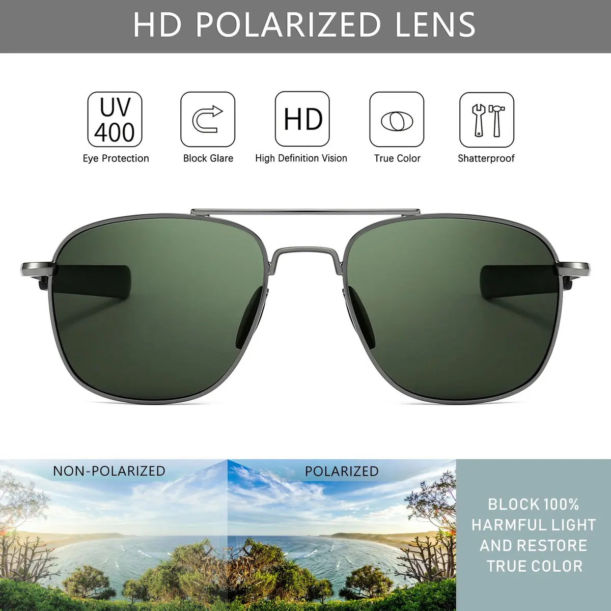 SUNGAIT Men's Military Style Polarized Pilot Aviator Sunglasses with Bayonet Temples, Green Lens - view 2